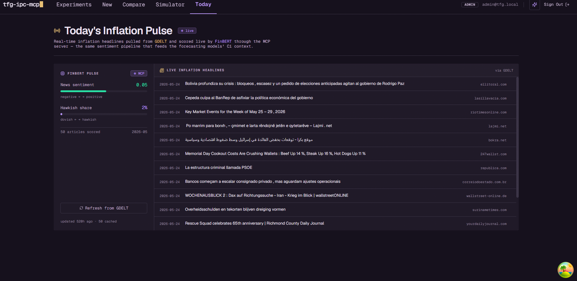 Application screenshot showing inflation news and contextual signals.